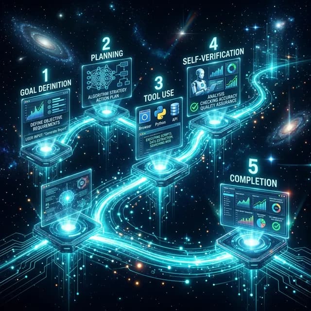 Agentic AI workflow: goal → plan → tool use → verify → complete