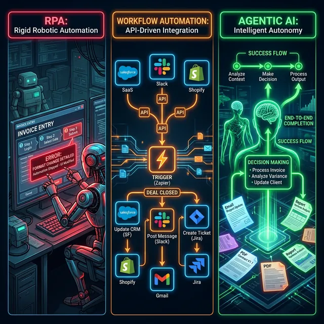 Three automation approaches compared: RPA, workflow automation, and Agentic AI