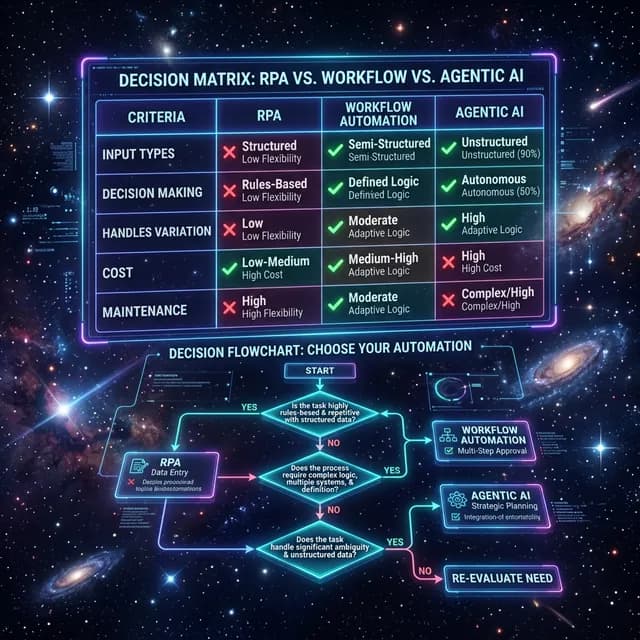 Comparison table: RPA vs workflow automation vs Agentic AI with decision tree