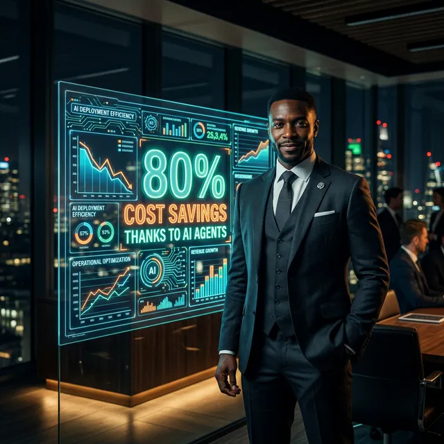 Finance team leader smiling at 80% AI cost savings