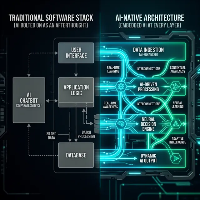 AI-Native architecture diagram versus traditional software with AI added