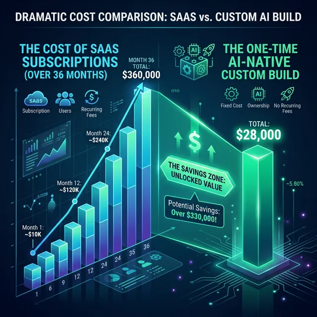 Comparison: SaaS monthly cost over 3 years vs one-time AI-Native custom software cost