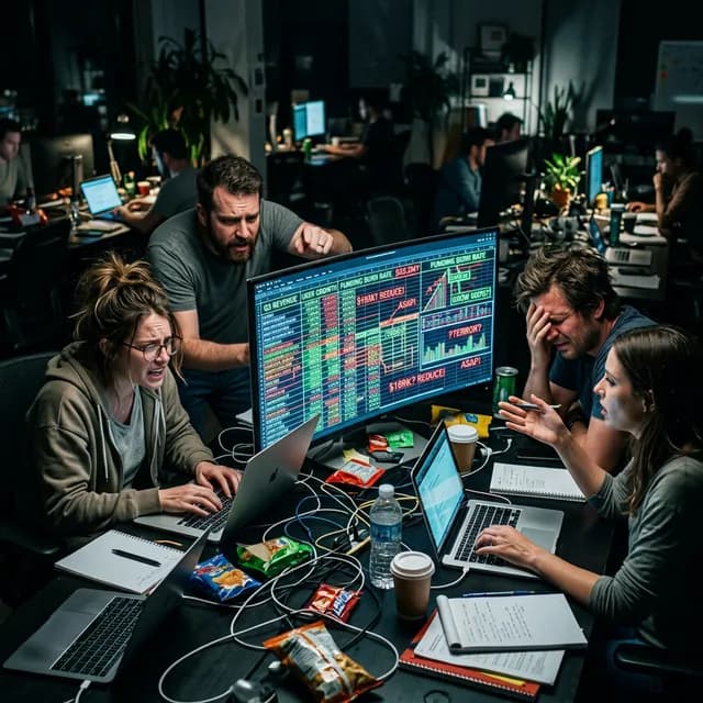 Chaotic stressed startup workers with messy spreadsheet