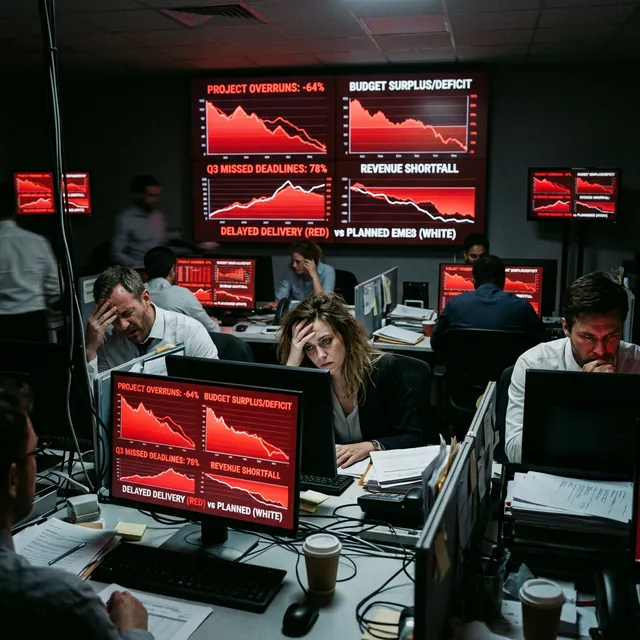 Dark stressful corporate charts showing budget overruns