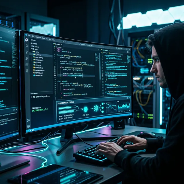 Sleek glowing dark mode software development interface
