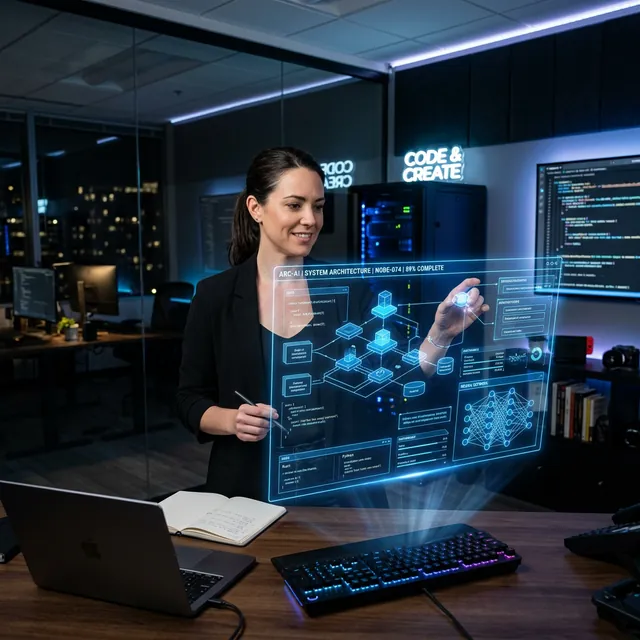 Confident software architect collaborating with holographic AI
