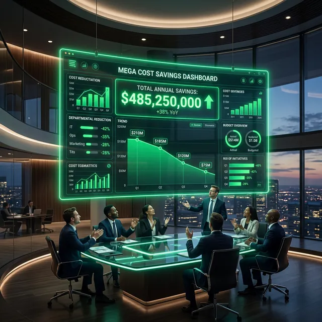 Massive glowing green cost savings dashboard showing 80% lower costs