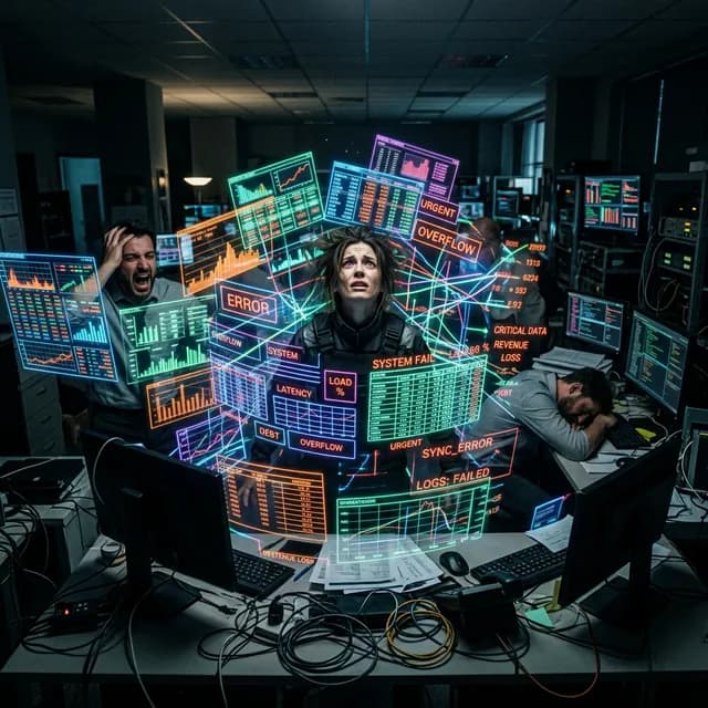 Chaotic stressed operations workers buried under messy overlapping spreadsheets