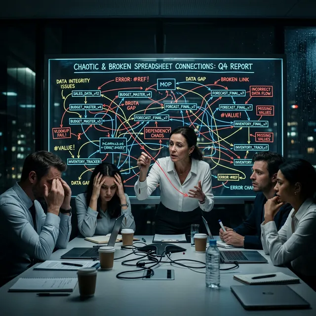 Moody corporate boardroom mapping out broken spreadsheet connections