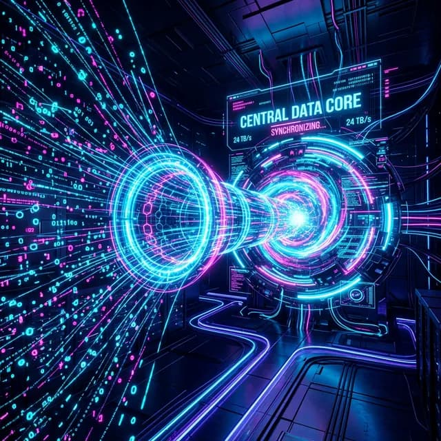 Sleek futuristic glowing dark-mode data pipeline pulling scattered neon data points