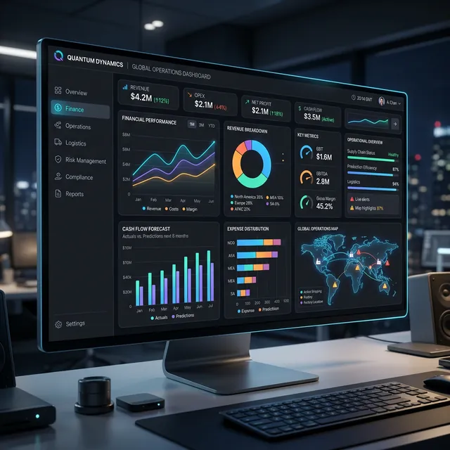 Custom glowing dark mode financial and operations dashboard interface