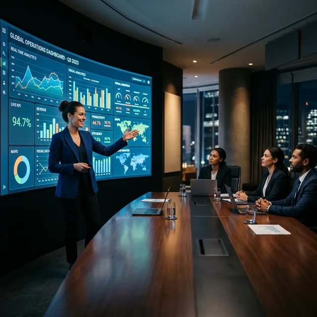 Confident operations manager presenting massive glowing real-time analytics dashboard