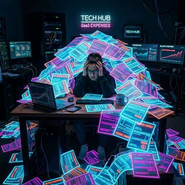 Pile of glowing neon SaaS subscription bills overwhelming small business owner