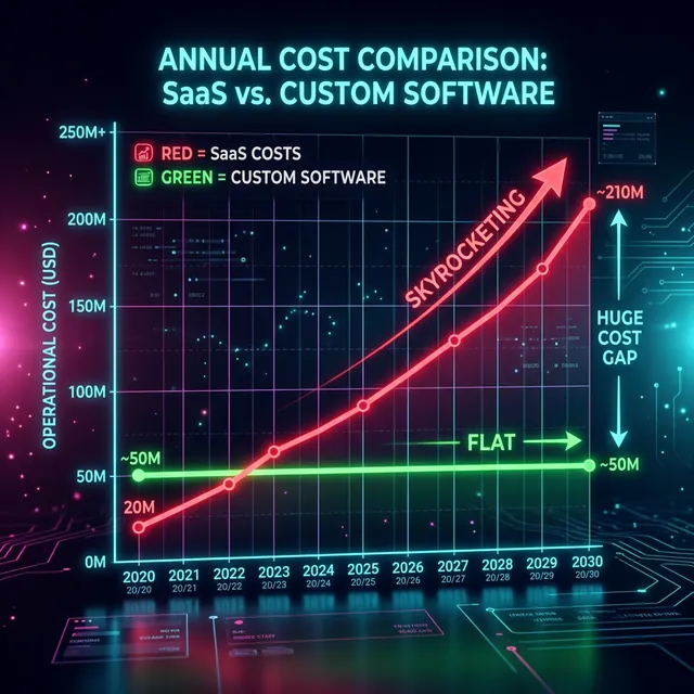 Financial chart showing skyrocketing SaaS costs vs flat custom software costs