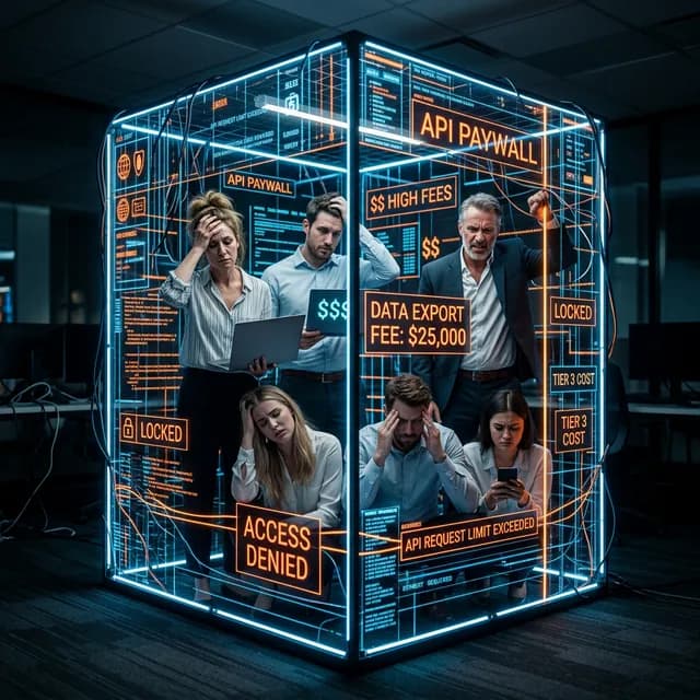 Frustrated business team locked inside a glowing digital cage of expensive API paywalls