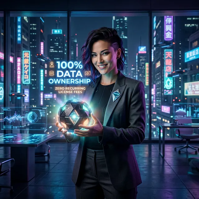Business owner holding a glowing data core representing full data ownership