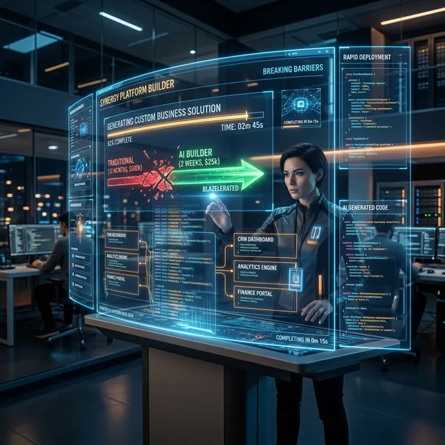 Futuristic AI code builder shattering traditional high software cost barriers