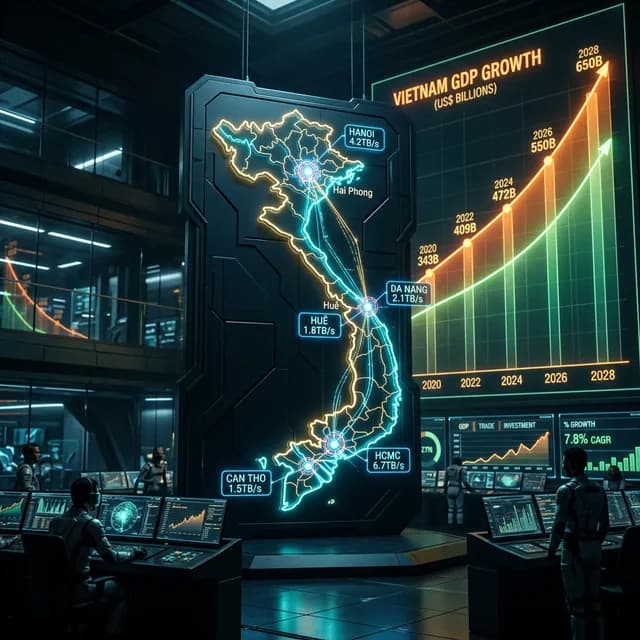 High-tech neon map of Vietnam with glowing digital data nodes and rising GDP chart