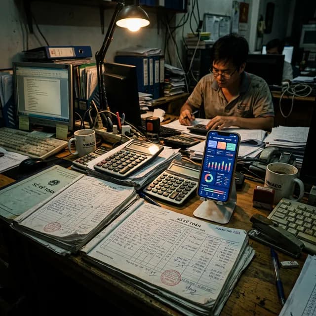 Chaotic desk in a Vietnamese SME with messy handwritten paper ledgers next to a sleek glowing smartphone