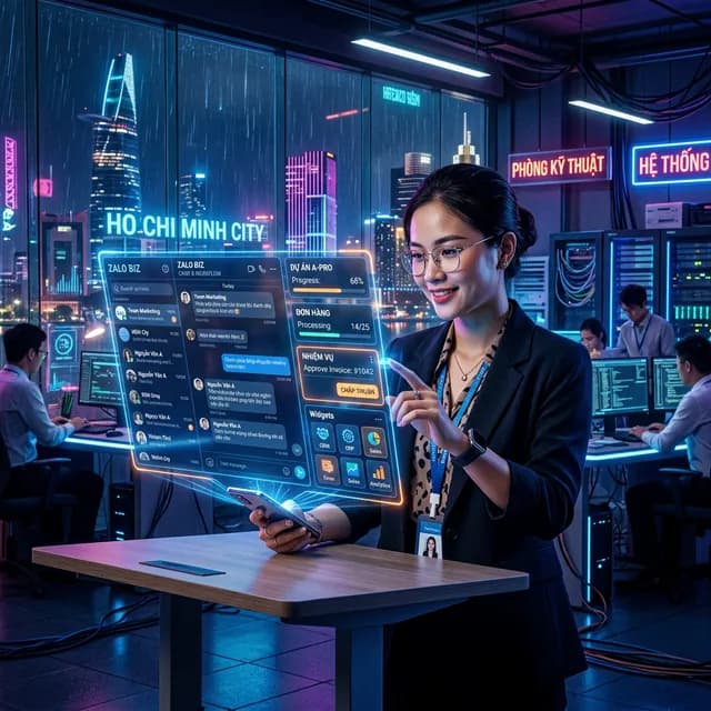 Modern Vietnamese office worker interacting with a complex glowing holographic Zalo chat interface