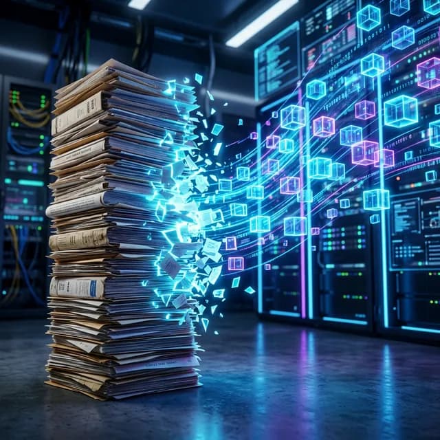 Visual transition bridging a stack of physical paper documents morphing into glowing neon digital data cubes