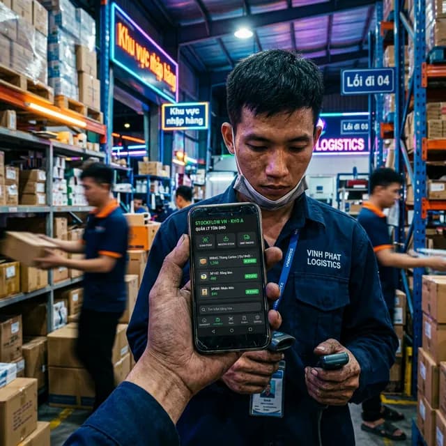 Close-up of a Vietnamese worker holding an affordable smartphone displaying a custom inventory SaaS app