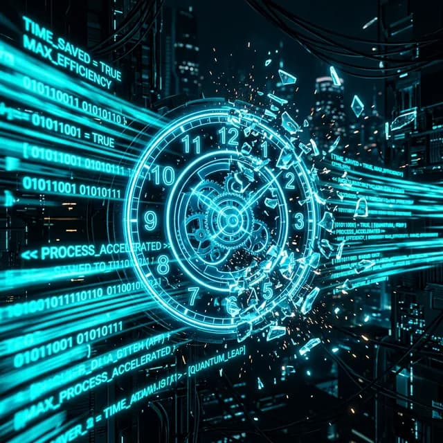 Glowing futuristic clock face shattering as code streams rush past