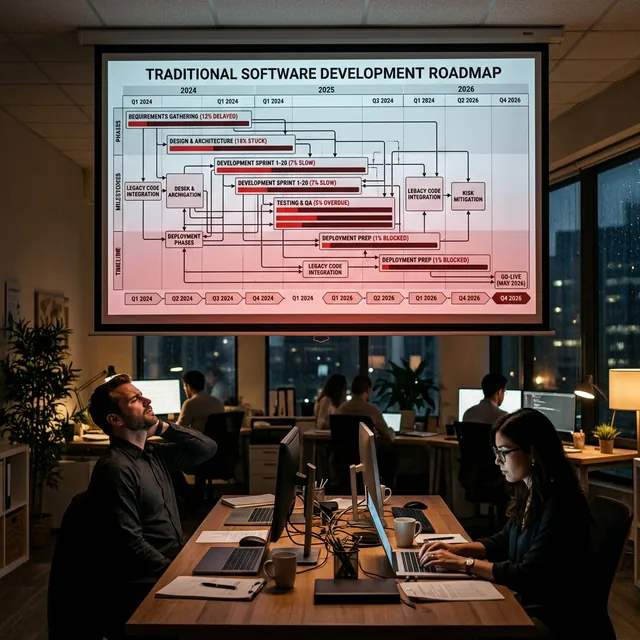 Sluggish traditional software development roadmap on a large screen with slow red progress bars