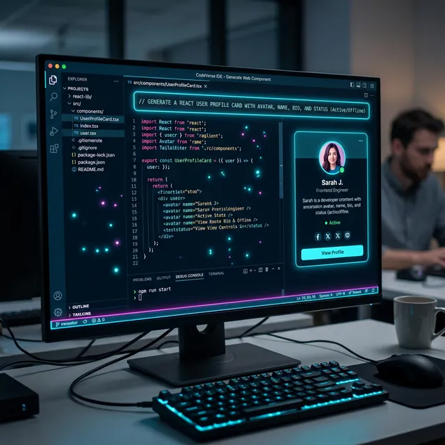 Sleek dark mode IDE glowing with components generated instantly from text