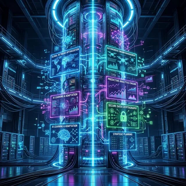 Towering glowing server core orchestrating autonomous Agentic AI multiple complex tasks