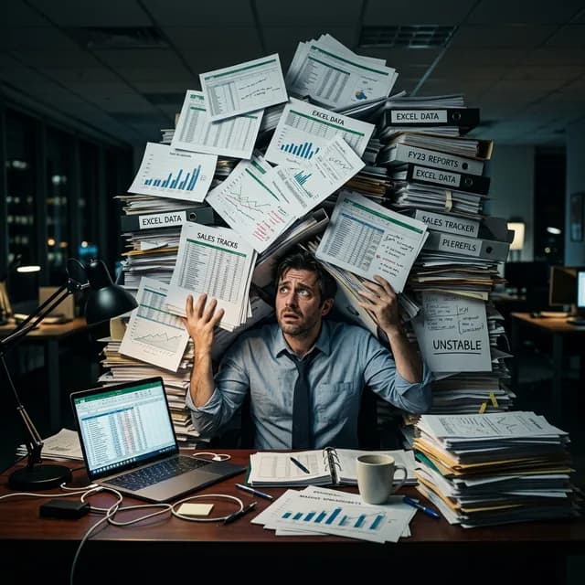 A dramatic corporate desk with a massive unwieldy tower of messy Excel spreadsheets