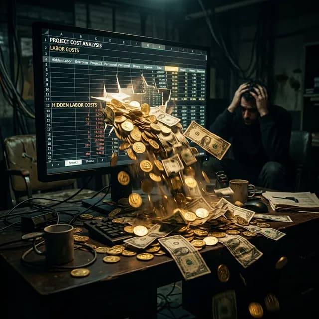 Cinematic view of gold coins draining out of a glowing spreadsheet grid