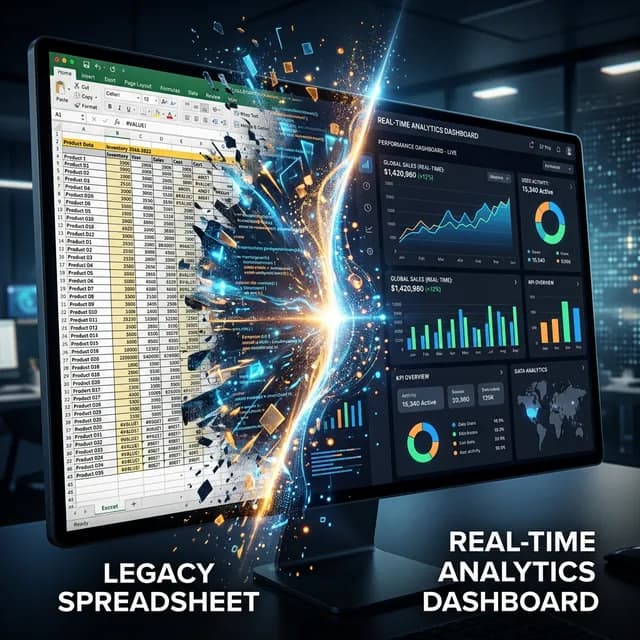 Glowing futuristic transition where a messy legacy spreadsheet morphs into a beautiful dark-mode real-time analytics dashboard