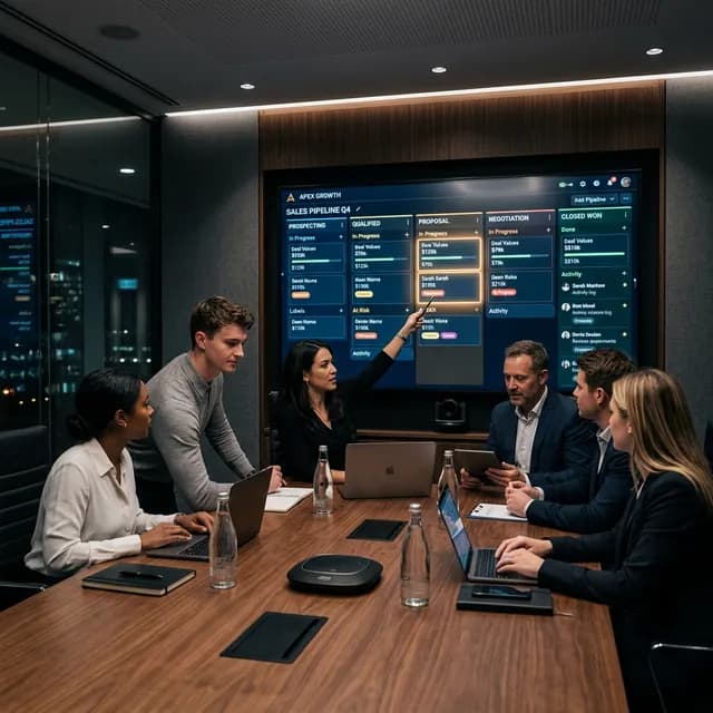 Modern sales team seamlessly collaborating using a sleek custom-built Kanban pipeline tool