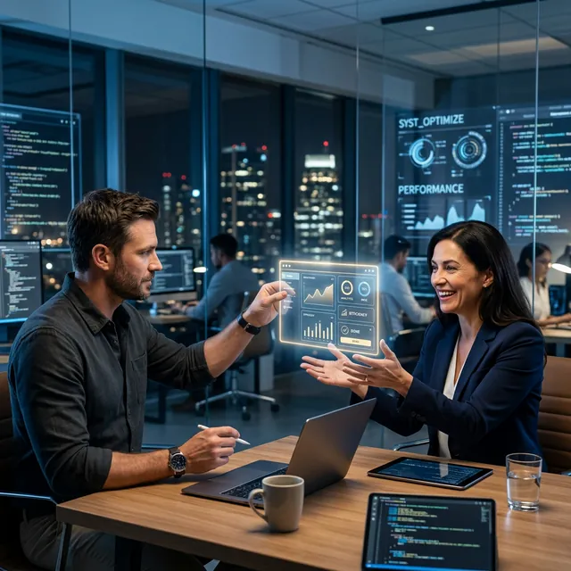 Focused pragmatic developer handing over a perfect glowing digital minimalist tool