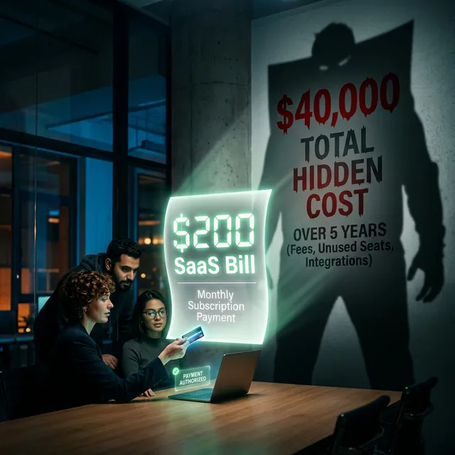 Cinematic visual of a small modern business team paying a massive glowing SaaS bill with a hidden shadow cost