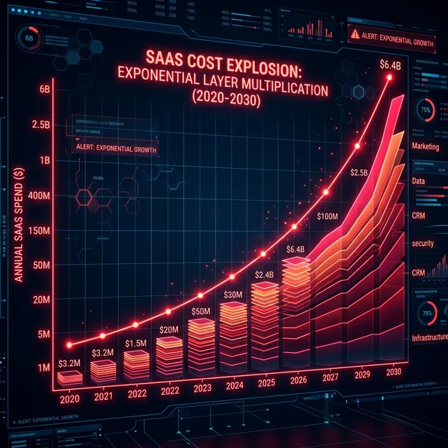 Glowing dark mode financial chart showing SaaS costs multiplying exponentially layer by layer year after year