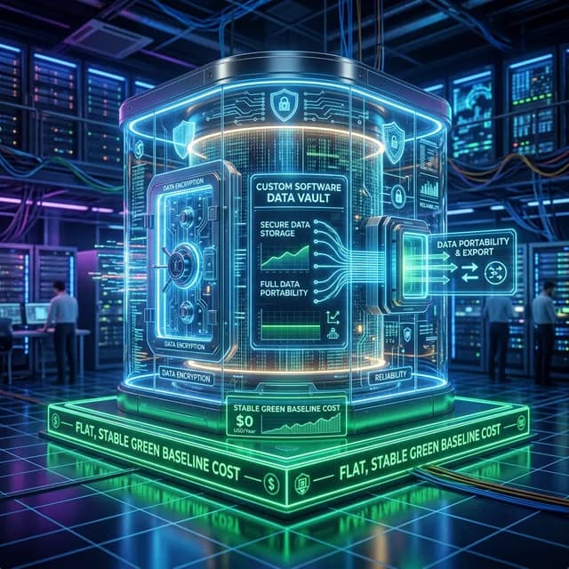 Serene glowing digital data vault representing custom software with a flat stable base cost