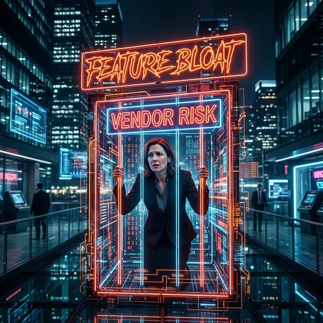 Dramatic scene of a business owner locked inside a glowing digital cage with neon warnings