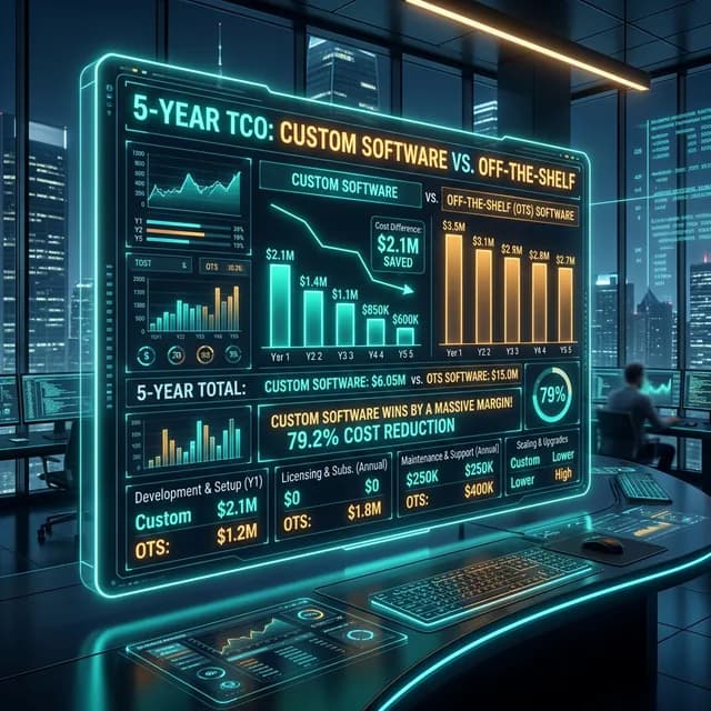 Futuristic glowing calculation board comparing 5-year TCO where custom software wins by a massive margin