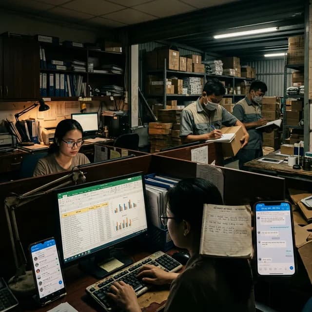 Cinematic visual of a Vietnamese SME office with accounting using Excel and warehouse workers holding paper notebooks
