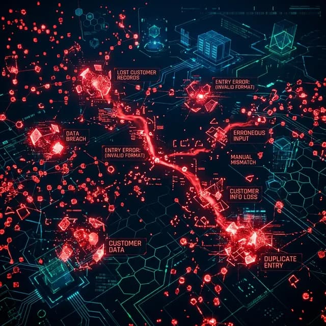 Glowing dark mode visual of scattered red data nodes representing lost customer information and manual errors