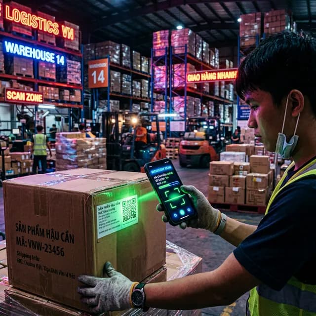 Sleek custom glowing mobile inventory app scanning a QR code in a bustling Vietnamese warehouse