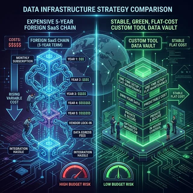 Glowing dual representation comparing an expensive 5-year foreign SaaS chain versus a stable custom tool data vault