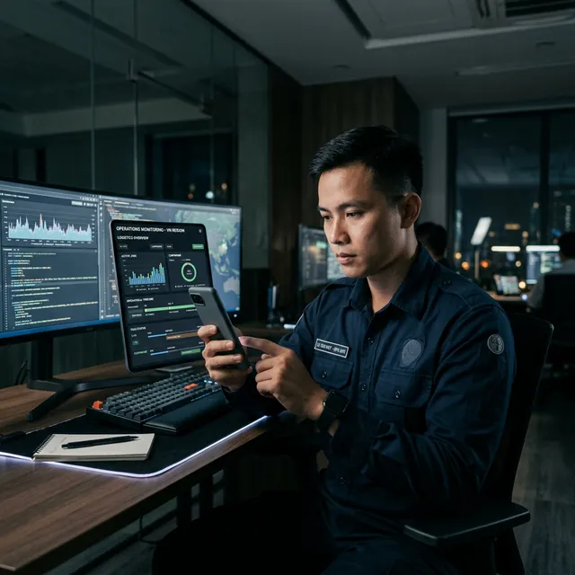 Focused Vietnamese operations worker confidently using a perfectly tailored custom app on an Android phone