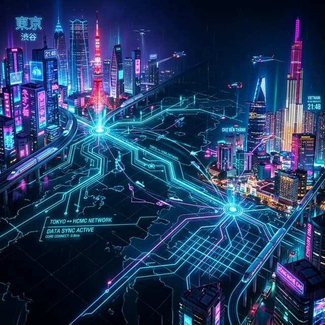 Glowing futuristic map connecting Tokyo skyline seamlessly to Ho Chi Minh City digital hub