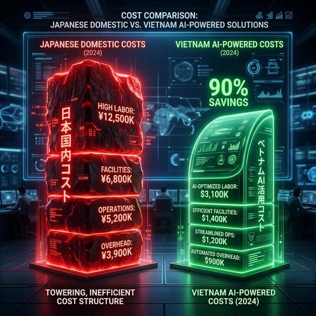 Side-by-side glowing comparison chart where Japanese costs are red and Vietnam AI costs are green