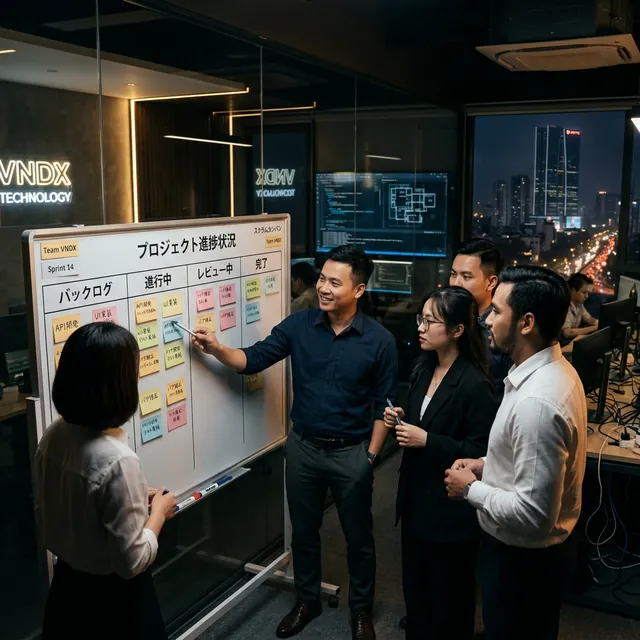 Polished modern Vietnamese engineering team confidently reviewing a kanban board with Japanese text