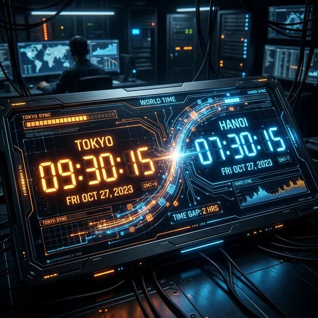 Dynamic digital clock face glowing with dual times showing a tiny 2-hour gap between Tokyo and Hanoi