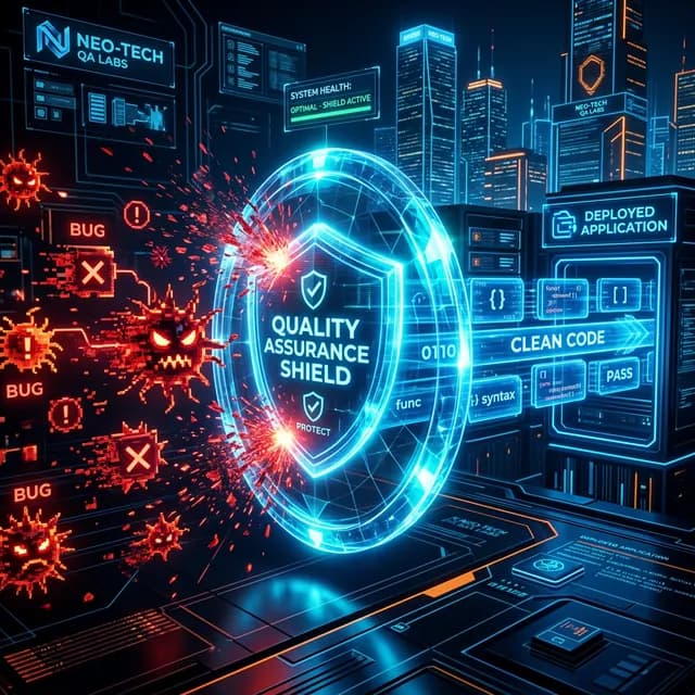 Futuristic glowing quality assurance shield blocking red bug nodes while permitting clean code blocks